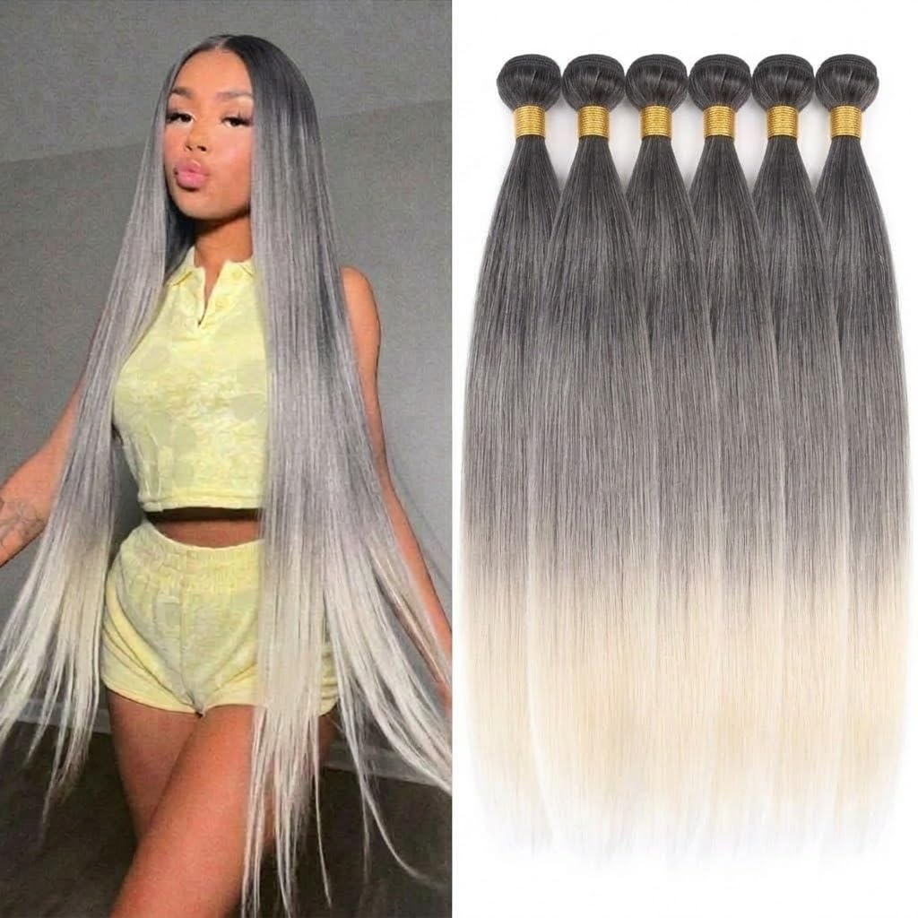 Straight Human Hair Bundles 20 TO 24 INCH Unprocessed Weave Straight Bundles fiberHair Extensions Natural Black -TANGLE FREE -T27/316-6PCS