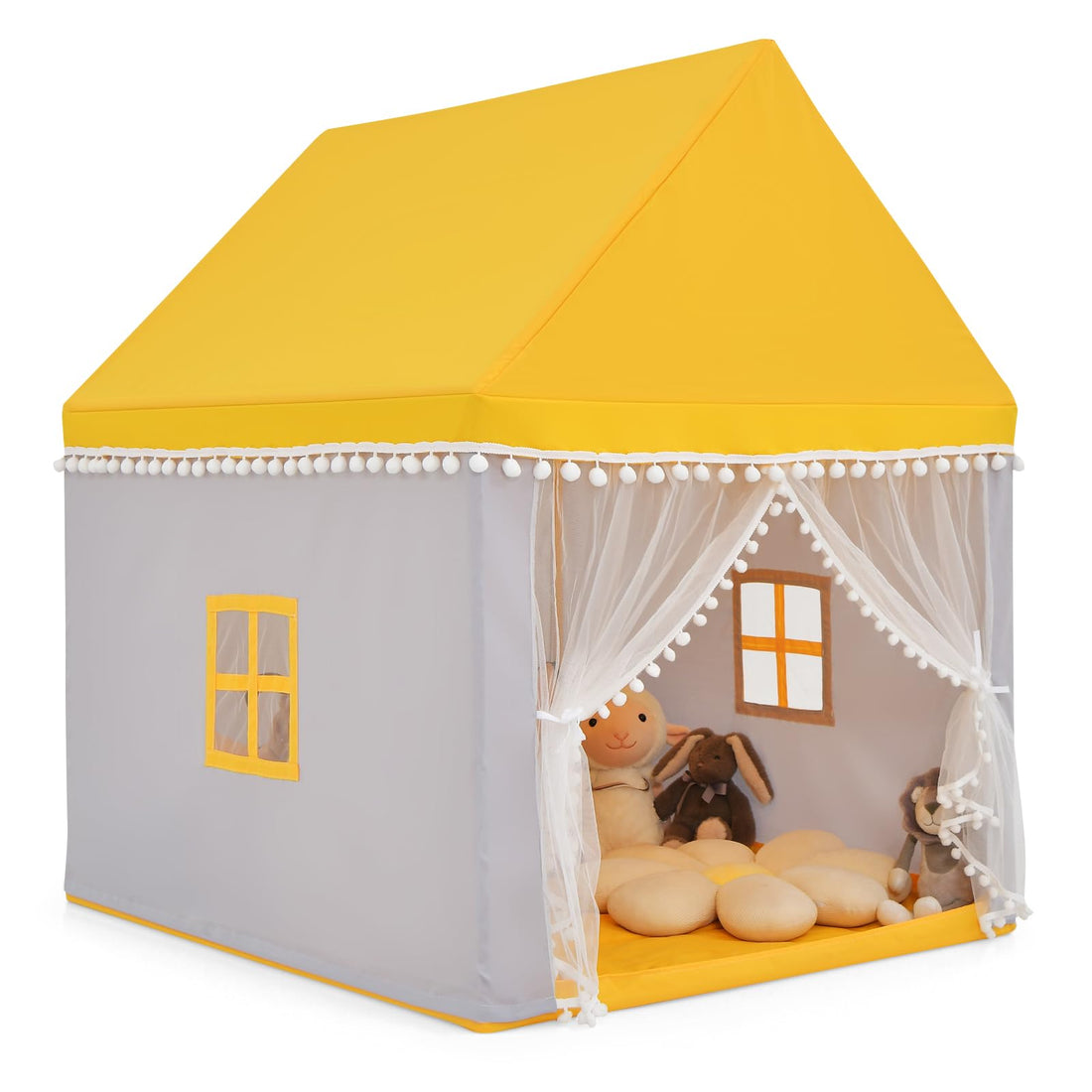 COSTWAY Children's Play House - Princess Tent with Wooden Frame & Cotton Blanket - 120 x 105 x 140cm - For Kids & Unisex - Pink/Blue/Grey/Beige