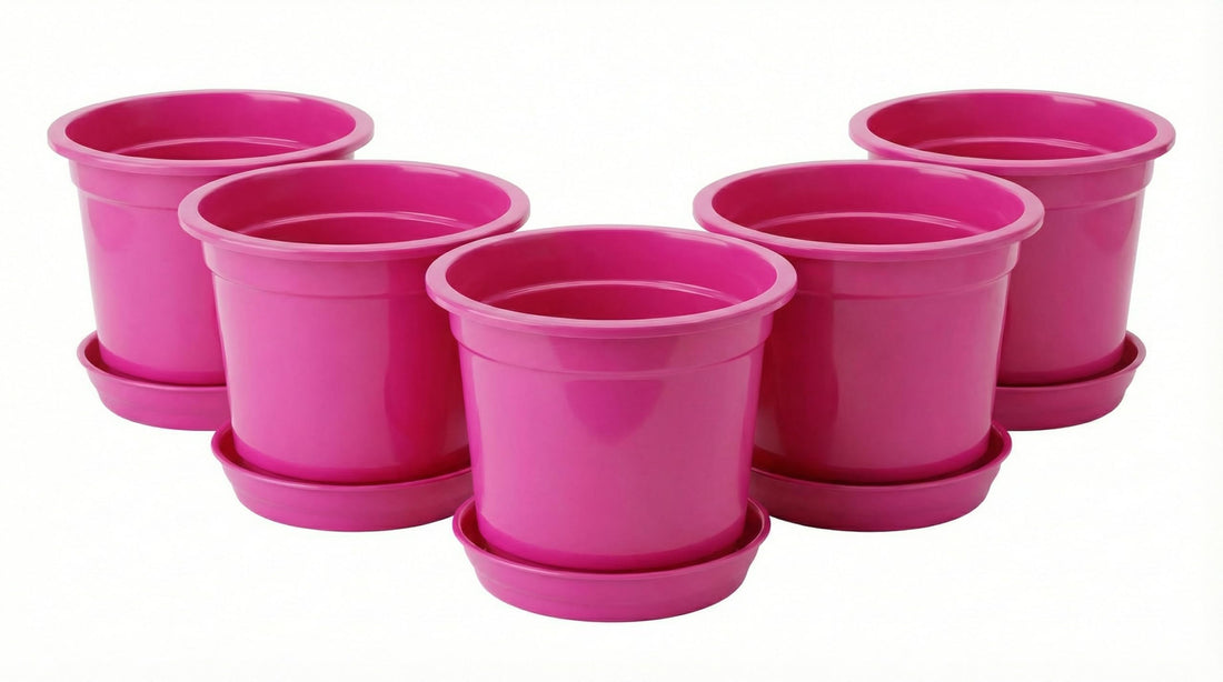 Plastic Round Planter Pots 15cm Diameter with Water Collection Dish 5 Pieces (Fuchsia)