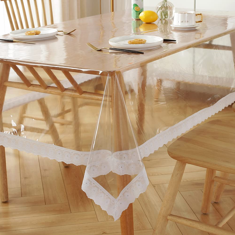 AOKQYA PVC Clear Plastic Tablecloth Protector, Vinyl Waterproof Tablecloth Cover Table-Top Transparent Table Clothes for Rectangle Tables/Wood Furniture (59x90inch, Lace Boho)