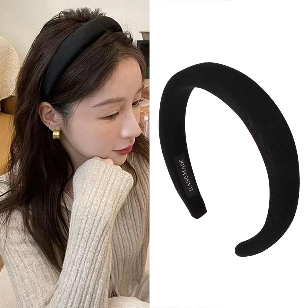 ShiQiao Spl Black Padded Hairband Headbands for Women Solid Simple Wide Headband for Girls Plain Soft Satin Hair Band Hoop No Teeth Thick Head Bands Hoops for Teen Girls Hair Accessories for Women
