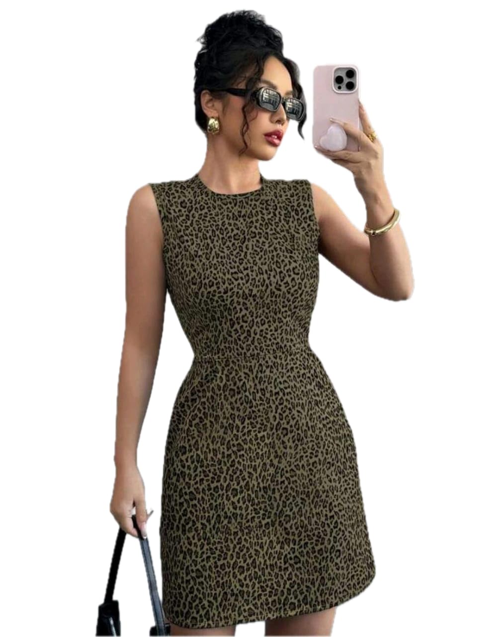 Leopard Print A-Line Dress, Sleeveless, High Waist, Round Neck, Mini Length, Multicolour