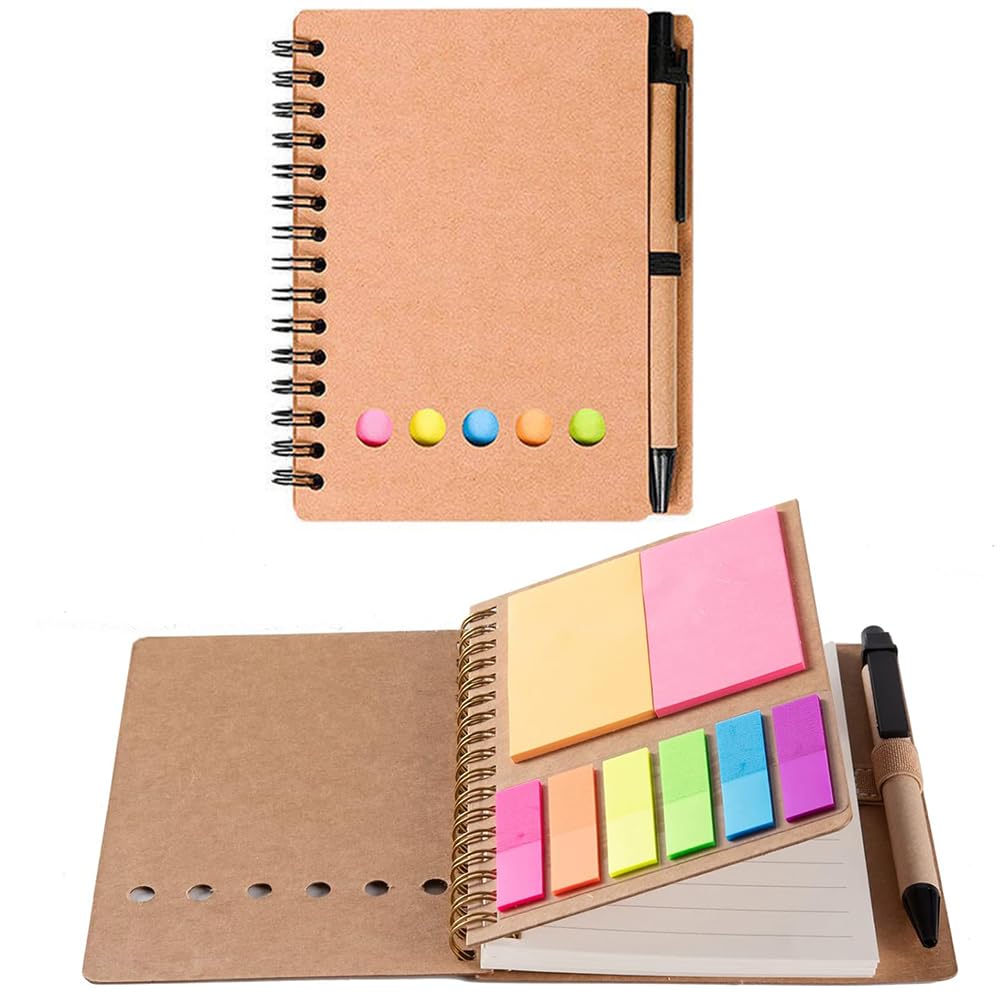 Spiral Sticky Notes Set, Multicolor Adhesive Sticky Notes with Pen and Lined Note Paper Set, Sturdy Cover Student Transparent Index Flags Pads for School Office Supplies Brown