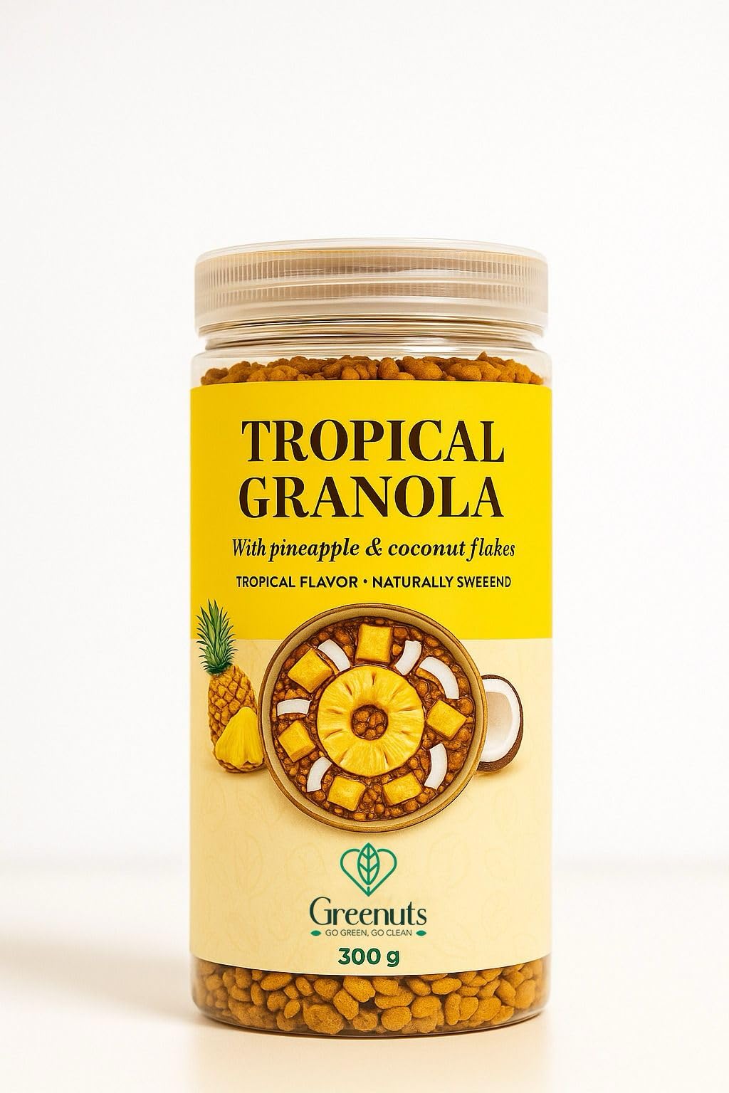 Tropical Granola 300g – Fruity Crunch of Toasted Oats, Dried Pineapple & Coconut Flakes – Natural, Gluten-Free, No Additives, Fiber-Rich Clean Snack by Greenuts