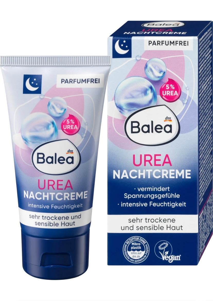 Balea night cream 5% urea, 50 ml, Intensive moisture with 5% urea Reduces feelings of tension, Perfume free,For very dry & sensitive skin