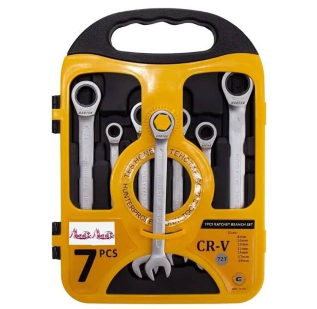 7 Piece Heavy Duty System Wrench Set, CR-V, 72T, Yellow and Black, with Shock Proof Carrying Case