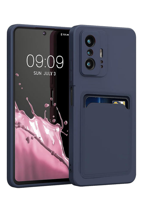 Soft Silicone Case Cover with Card Holder Phone Case Compatible with Mi 11T & 11T Pro, Fashion Soft Design Wallet Case (Navy Blue)