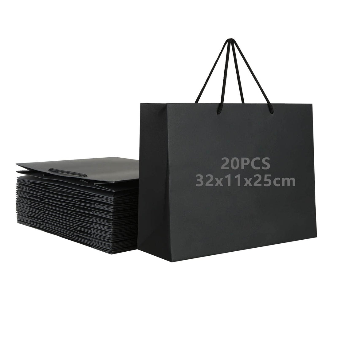 Oungy 20 Pcs Black Paper Bags with Handles, 32x11x25cm Large Gift Bags, Thickness 250g Carrier Shopping Party Retail Boutique Wedding Birthday