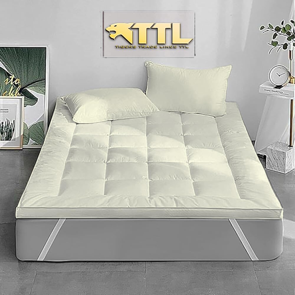 Tigers Trade Lines Super Soft Fiber Mattress Topper - Single Bed (100cm*200cm), Off White, 5cm Thickness, 3 Piece Set (Includes 1 Topper & 2 Pillow Cases), Egyptian Cotton, Breathable, Easy Care
