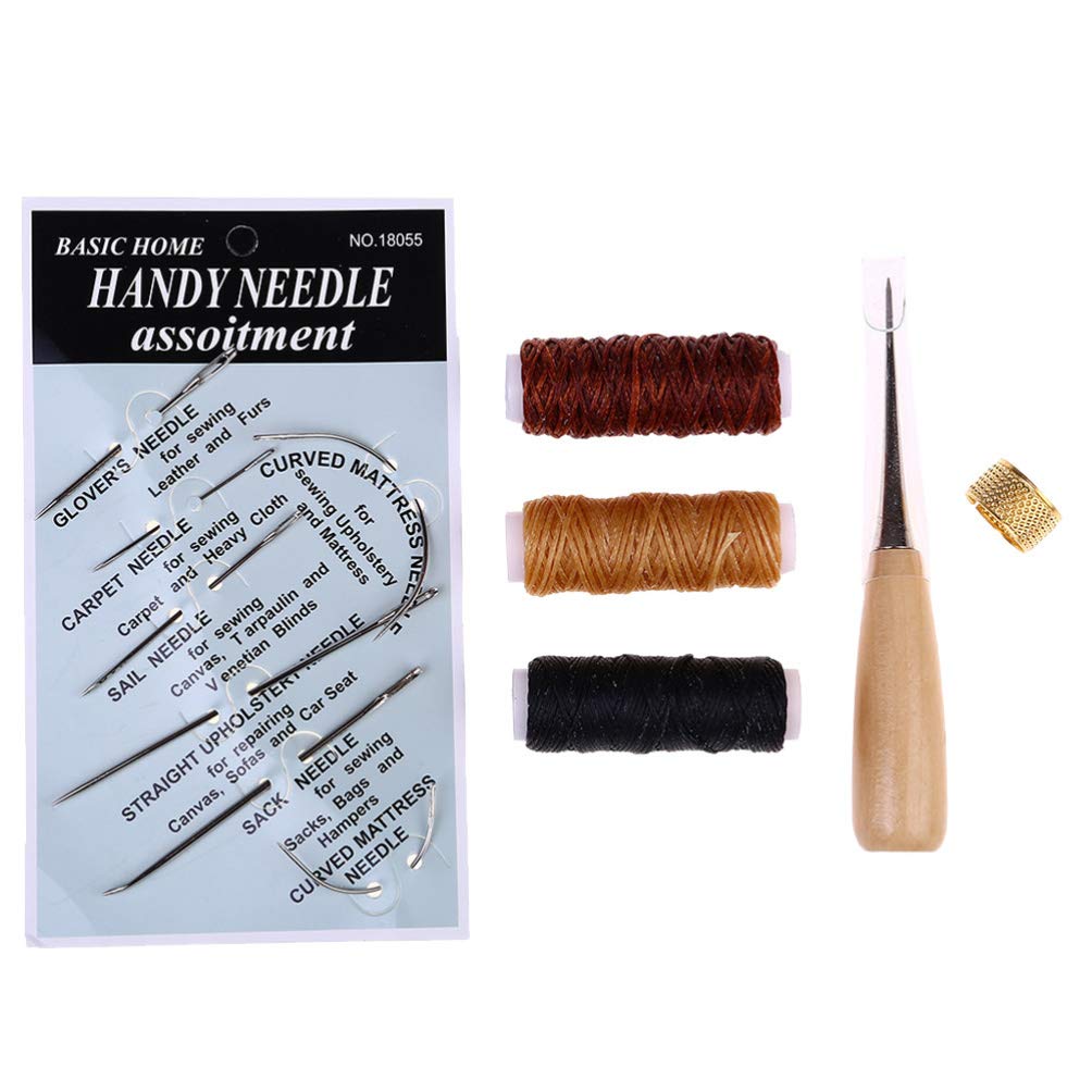 HEALLILY 12 Pcs/Set Leather Craft Sewing Kit with Copper Thimble Wax Threads Awl Needles Leather Working Tools for Leather Craft DIY Supplies
