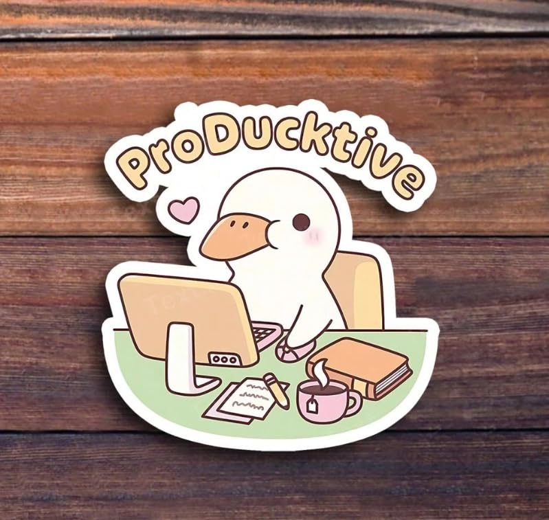 ProDucktive Cute Duck Vinyl Sticker, Waterproof Laptop Decal, Aesthetic Design for Computer, Water Bottles, Notebooks