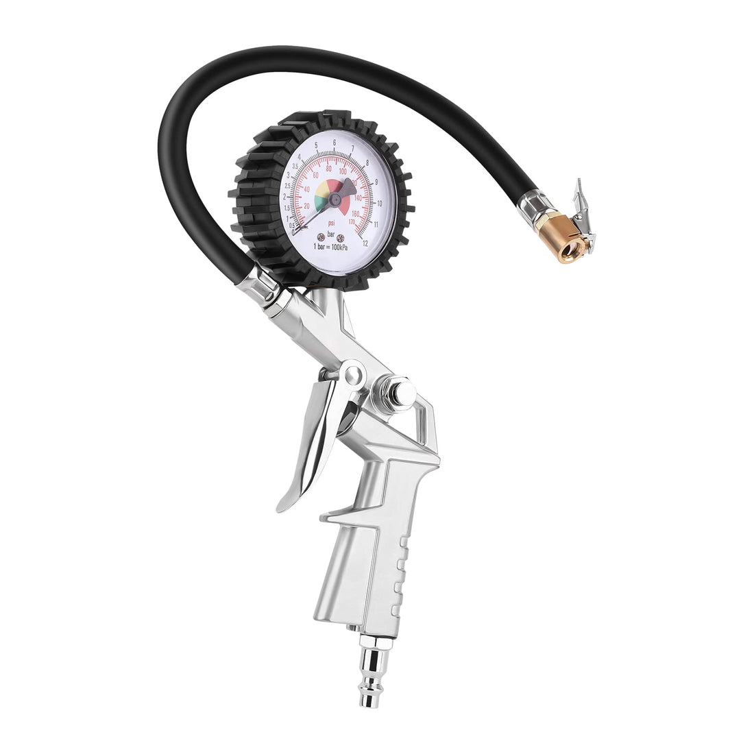 RVZONE Tire Pressure Gauge with Inflator (0-170 PSI) - Air Pressure Gauge with Rubber Hose - Air Compressor Tire Inflator Attachment 2-1/2" Dial Wheel Inflator Gage for Any Car, Truck, Motorcycle, RV
