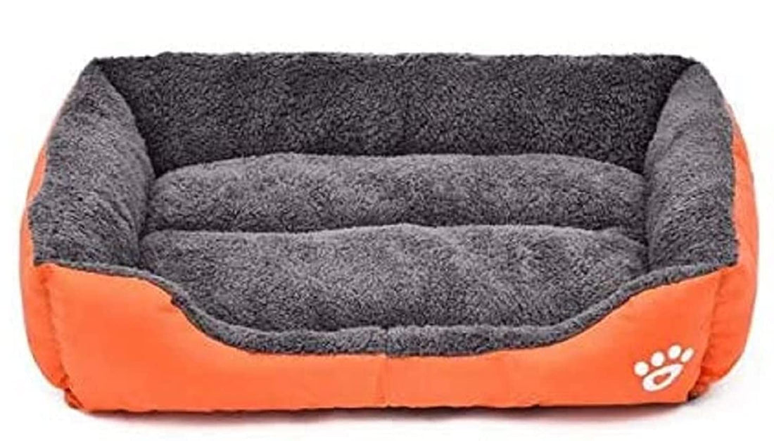 Self warming orthopedic lambs wool rectangle shape puppy bed for small dog cats, orange, medium size