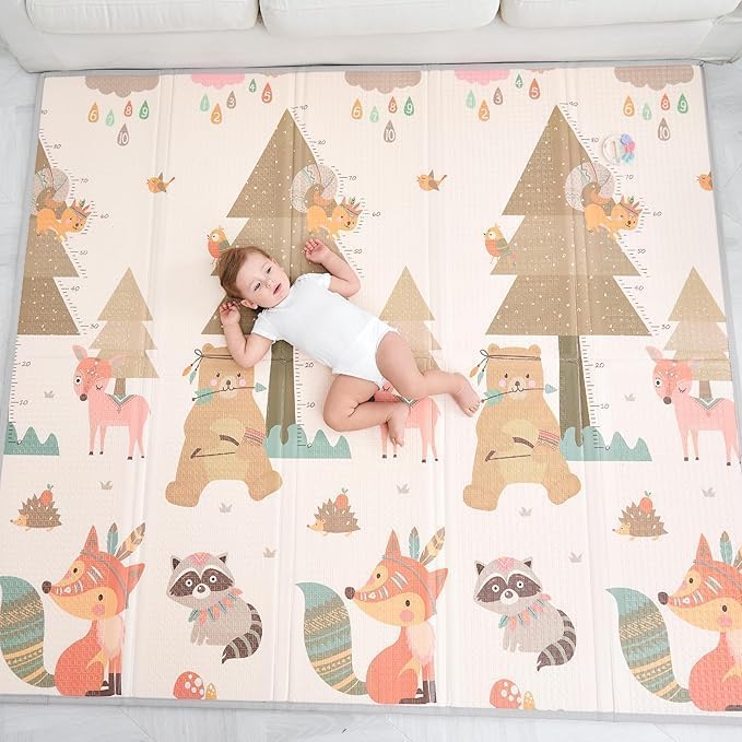 Baby Play Mat, Foldable and Reversible, Woodland Animal Theme, 180x200 cm, 1.5 cm Thick Foam, with Carry Bag