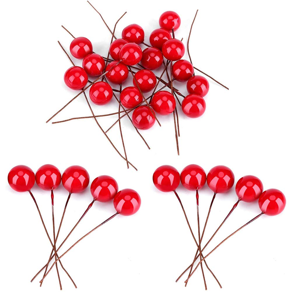 Artificial Red Cherry, 200 Pieces Lifelike Simulation Cherry Exquisite Simulation Red Holly Berry Artificial Berries for Christmas Decoration, Holiday Parties, Gift Decoration, DIY Crafts