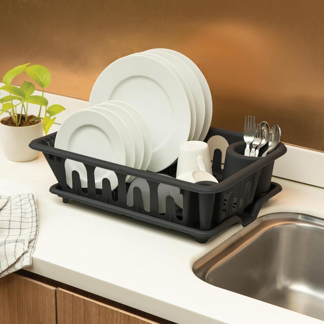XPY-V9 Kitchen Essentials Dish Drying Rack With Base, H.Quality Plastic Dish Dryer & Cutlery, Dish Drying Rack with Drain Tray, Sink Strainer for Kitchen, Organizer for Dishes, Spoons, Cups (Black)