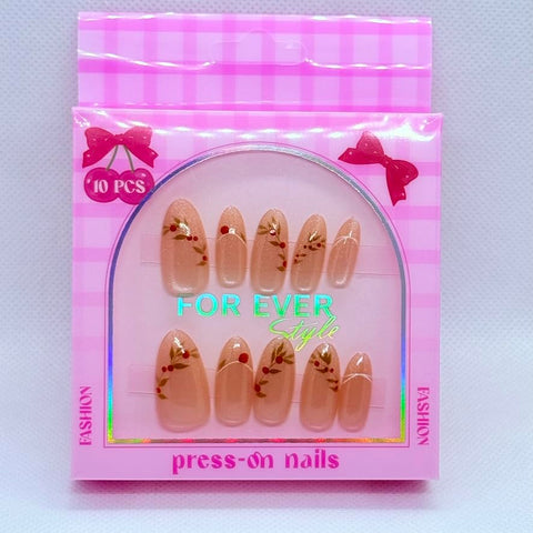 Premium Cat Eye Almond Press On Nails with Nail Art – Glossy Magnetic Reusable Fake Nails for Women – Salon Style Manicure – 12 Trendy Designs (Beige & Cherries)