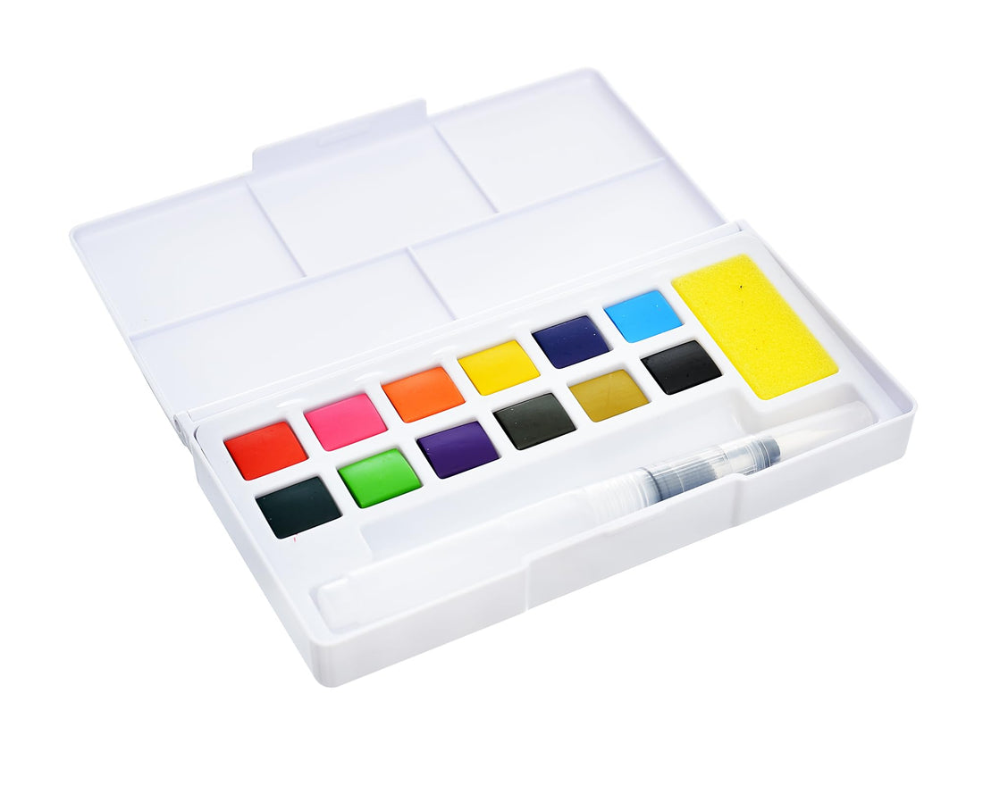Keep Smiling B-7127 Multicolor Watercolor Set of 12 Colors With Brush Pen & Sponge in Aplett Box - Adults Art Supplies