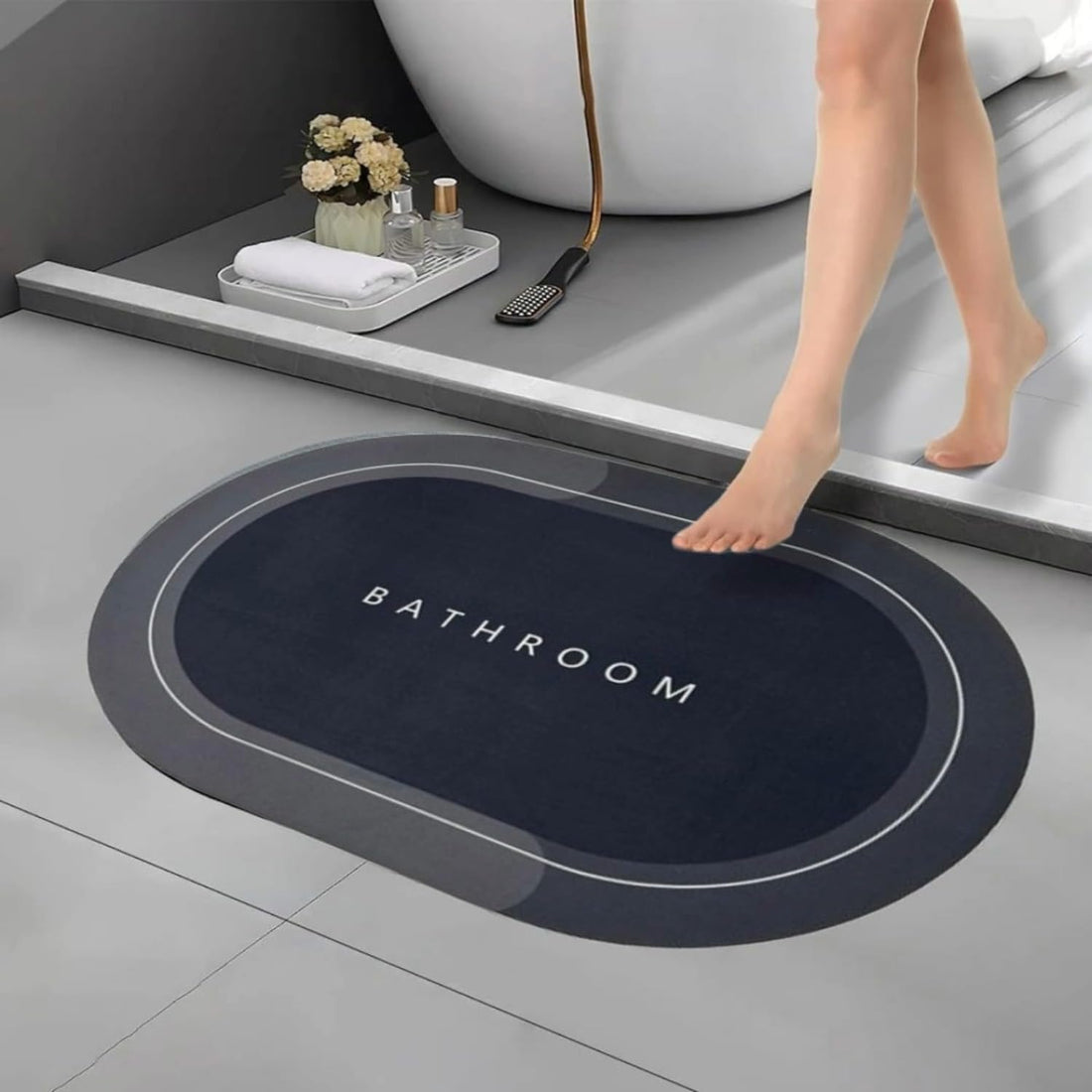 UNOVATE 2 Pieces Home Anti Skid Mat Combo Oval Door Mat Floor Mat Black Bath Mat Carpet Non Slip Mat for Bathroom Cushion, Super Absorbent Soft Carpet, Quick Dry Dirt Barrier for Home, Office