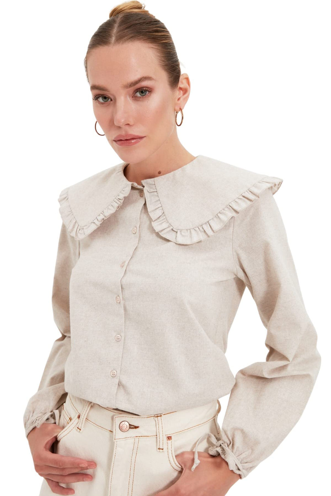 Trendyol Womens Mink Large Collar Detailed Woven Shirt TWOAW21GO0677 Shirt (pack of 1)