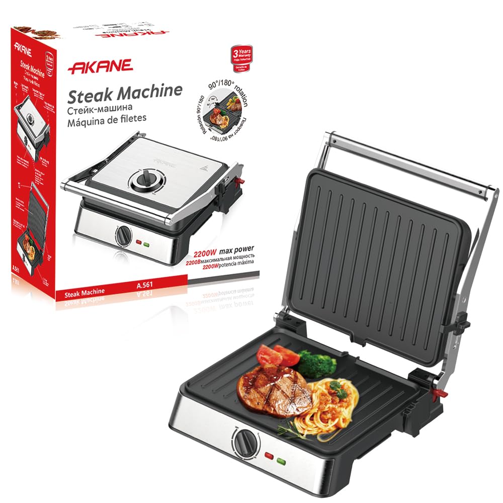 AKANE A.561 2200W 180° Opening Electric BBQ Grill, Smokeless Indoor Barbecue Griddle, Non-Stick Plate with Adjustable Temperature Control, Double-Sided Cooking, Easy Clean Kitchen Grill