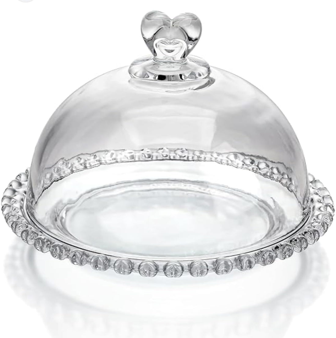 Downtown Clear Glass Cake Stand with Dome Cover, Heart-Shaped Handle and Beaded Edge Design for Dessert Display, Elegant Serving Platter for Cakes, Pastries and Muffins for Parties