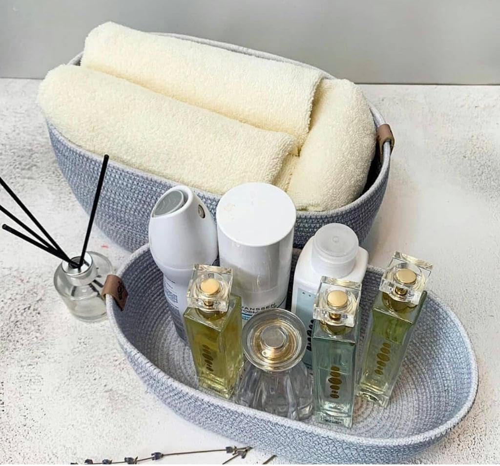 Woven It -Handmade Grey Cotton Oval Organizer, 27cm x 14cm x 10cm can be used in Kitchen, toilet, living room, dining room, kids room, bed room, indoor & outdoor.