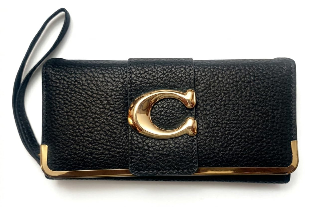 Women Handbag Soiree Casual Leather Fashion Design Long Wallet for Money and Mobile with Shiny Gold Accessory - Perfect for Gifts and Occasions (Black)