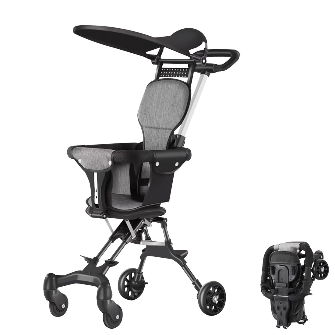 Beauenty Two-Way Push Compact Stroller, 4-Wheel Anti-Rollover Baby Buggy with Adjustable Canopy, Easy Folding Lightweight Toddler Stroller for Airplane Travel, Shopping, Walking (Black)