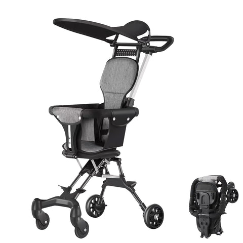 Beauenty Two-Way Push Compact Stroller, 4-Wheel Anti-Rollover Baby Buggy with Adjustable Canopy, Easy Folding Lightweight Toddler Stroller for Airplane Travel, Shopping, Walking (Black)