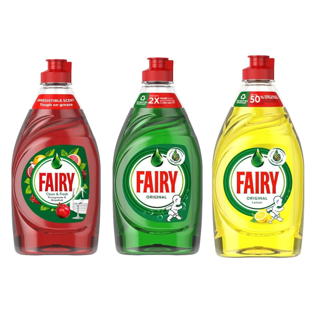 Fairy Washing Up Liquid. Dishwashing Liquid for Sparkling Clean Dishes. Powerful Grease Cutting Dish Washing Liquid that is Gentle on Skin. 3-Pack (Original, Lemon, and Pomegranate & Grapefruit) 320ml
