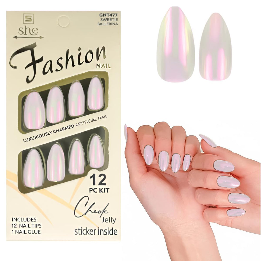 Round Nail Tips - Set Of 12 Nail Tips & 1 Nail Glue, Pre-Shaped Full Cover False Nails & Professional Nail Glue, Quick & Easy Application (LIght Pink)