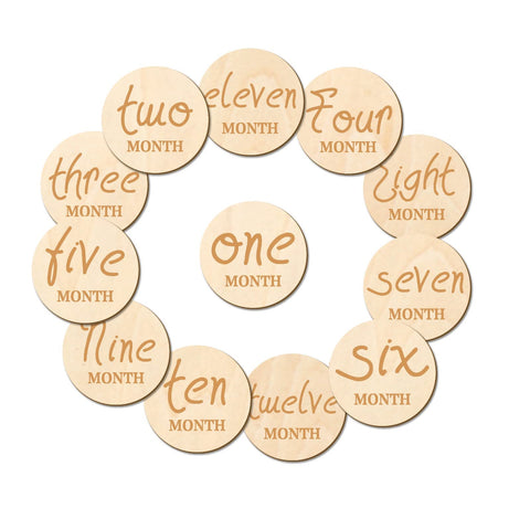 12 PCS Wooden Baby Monthly Milestone - Milestone Photo Cards, 1-12 Months Wood Milestone Disc Set, Birth Announcement Sign for First Year Picture Props, 4 inch Diameter