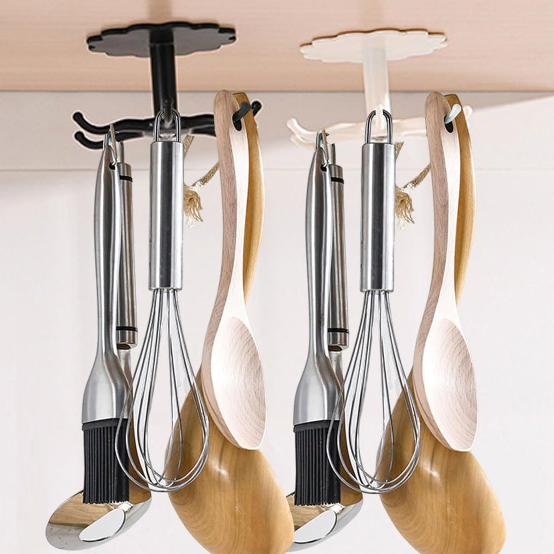 ECVV 2PCS Wall Mounted Hole Free Hanger, 360° Swivel Kitchen Shelf, 2-Pack with Six Hooks（Black & White）
