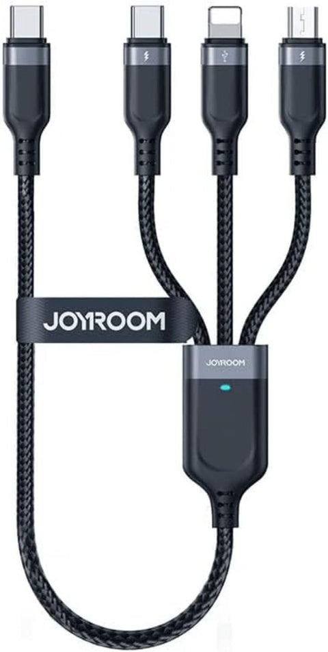 Joyroom S-A18 Multi-Use Series 3-in-1 Fast Charging Data Cable; USB-A to Lightning, Type-C, and Micro Connector with 3.5A High Output; Compact 0.3m Portable Multi-Charger Lead for All Devices – Black.