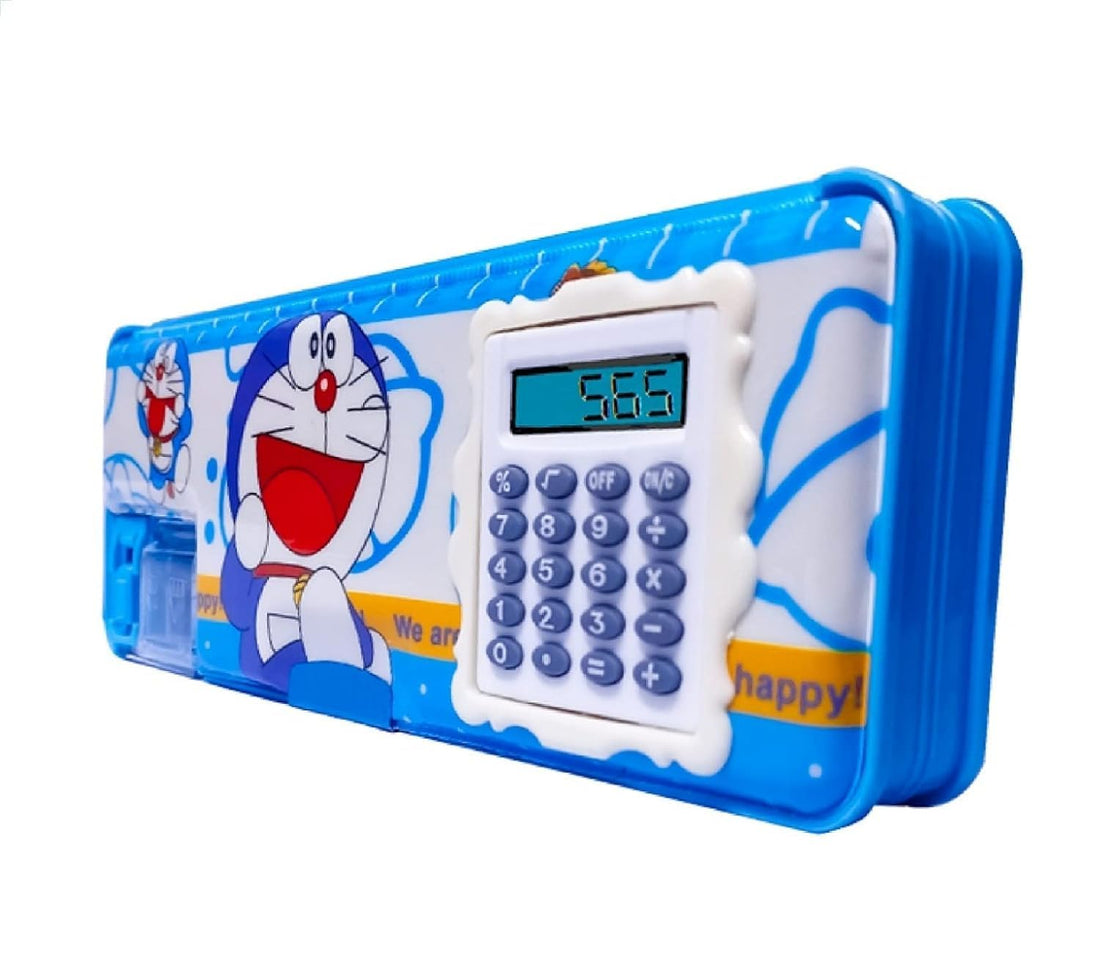 School Supplies (Multipurpose Magnetic Pencil Case with Calculator and Dual Sharpener for Girls Boys School | Large Pencil Case Cartoon Print for Kids, Pack of 1 (Blue))