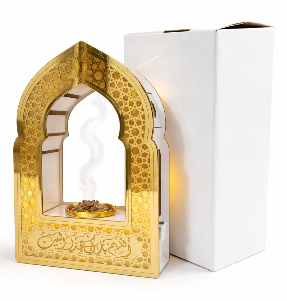 Wooden Incense Burner with Acrylic Face Islamic Design – Gold and White – with Metal Incense Plate – Luxury Decoration for Home and Events – LED Light Up