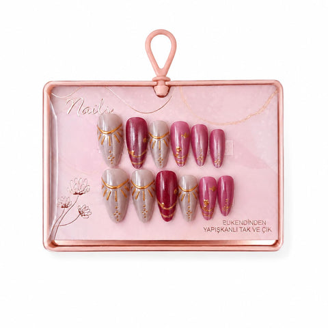 Handmade Press-On Nails, White with Gold Floral Design, Almond Shape, 12 Pieces with Double-Sided Adhesive