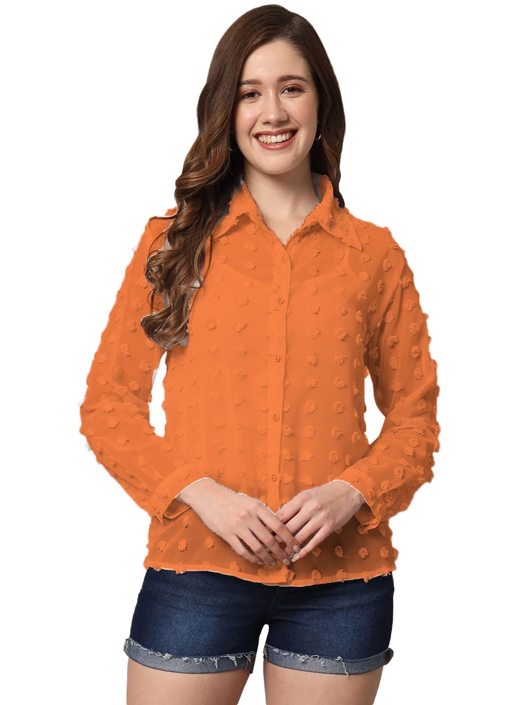 SUNSET EG STORE Women's Solid Sheer Chiffon Chunky Blouse (Brown, XL)