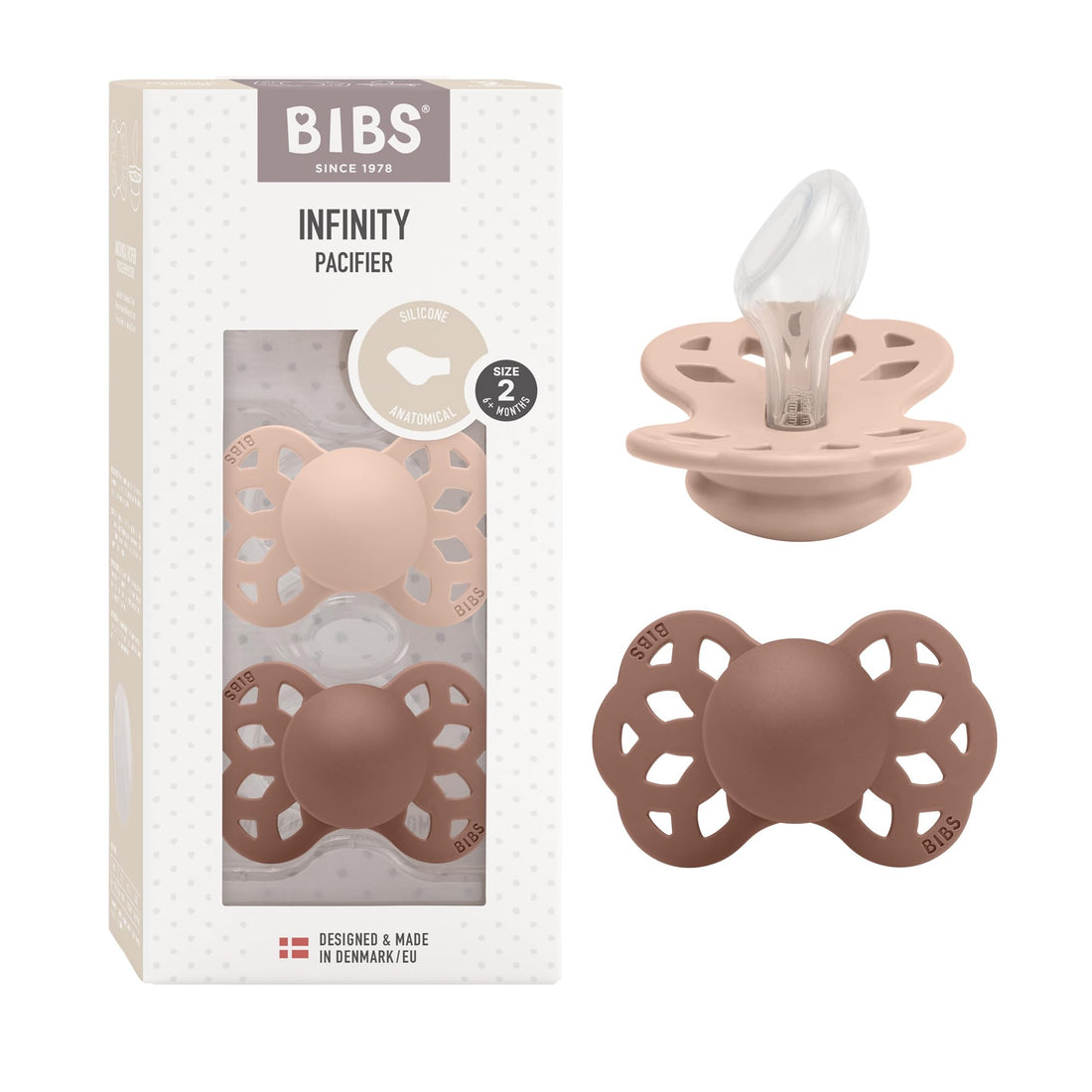 BIBS Pacifier Infinity 2 PACK Anatomical Silicone Size 2 Blush/Woodchuck