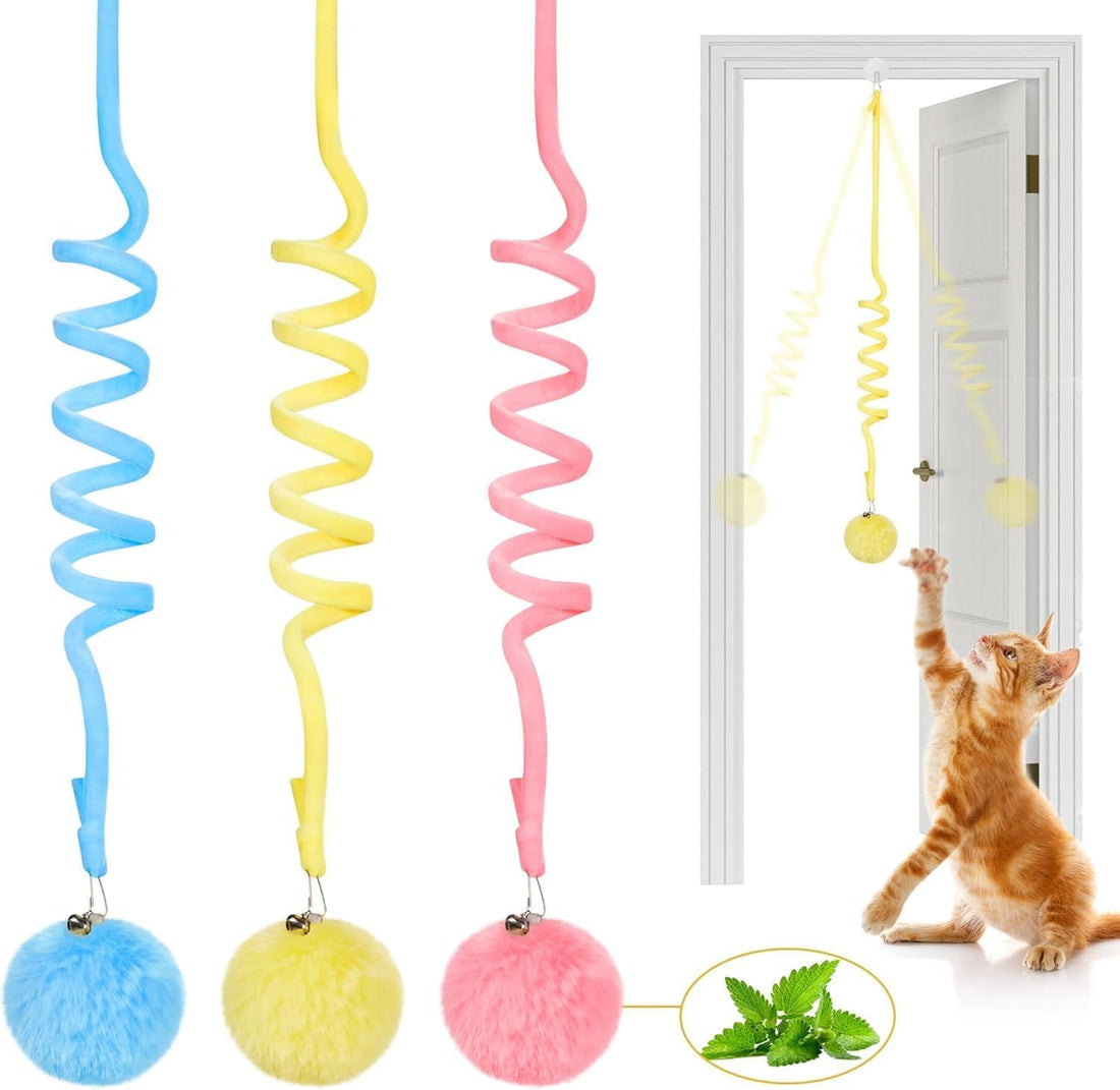 3 Pcs Hanging Fluffy Cat Catnip Ball Toys with Bell, Interactive Teaser Retractable, Toys Indoor Kitten Play Chase Exercise Physical Stimulation