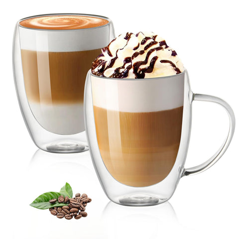 Doublglasse Wall Glass Coffee Mugs with Handle,Insulated Coffee Glass,Clear Espresso Cups,Glass Cappuccino Cups,Tea Cups,Beverage Glasses,Heat Resistant,Dishwasher Microwave Safe (2, 12oz-350ml)