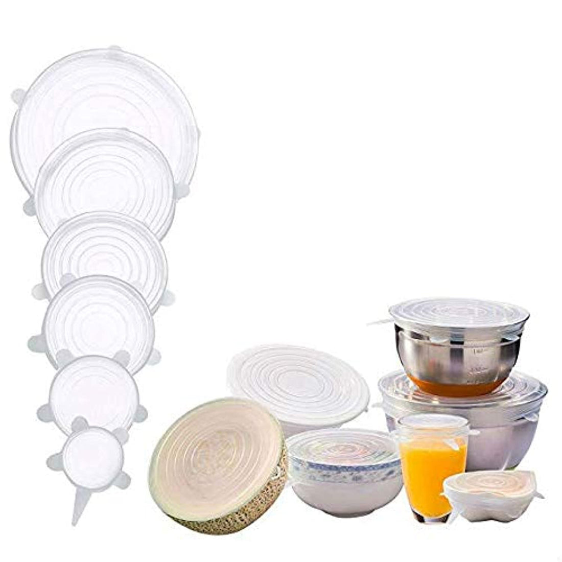 6 Pack Silicone Stretch Lids, Fits Various Sizes and Container Shapes, Expandable, Reusable, Durable, Non-Stick Storage Covers for Keeping Food Fresh