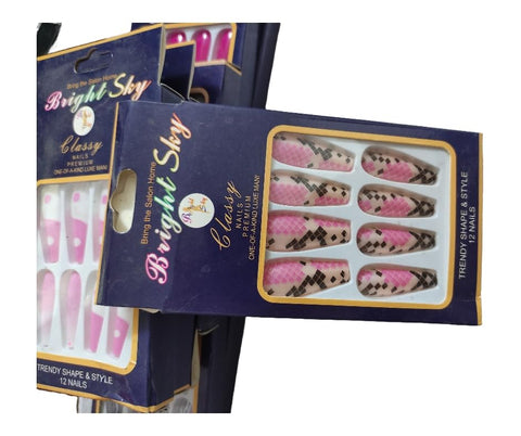 Classy Premium Artificial Nails, Pink and Brown Pattern, 12 Pieces Press-On Set, Trendy Shape and Style