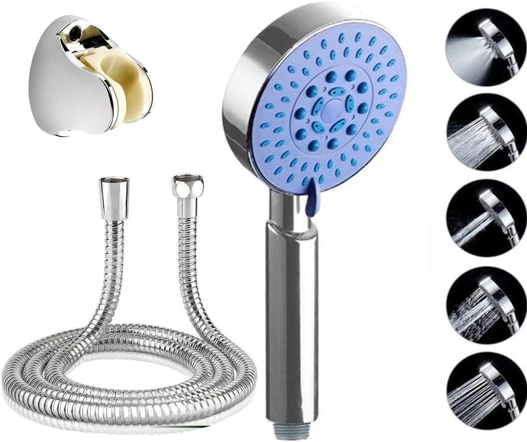 High Pressure Handheld Shower Head with 5 Functions - High Pressure Hand Shower Head – 5 Spray Settings for Refreshing Massage & Super Cleaning Turkish Made with Hose and Holder (Silver Round)