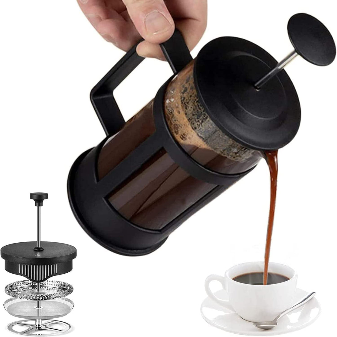 Necomi French Press - Double Micro-Filtered Coffee and Tea Maker, Borosilicate Glass Coffee Press, Stainless Steel Filter, Durable and Heat Resistant, Black (350 ML)