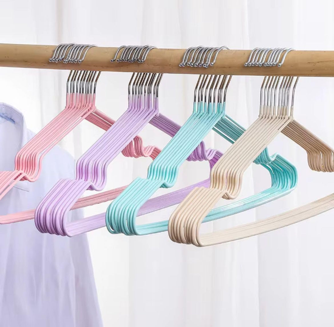 Strong Plastic Clothes Hangers Set (10 Pieces) Coated with Non-Slip Soft Rubber - Space Saving Slim Design with Attractive Multiple Colors - Perfect for Dresses, Shirts, Pants with Swivel Hooks