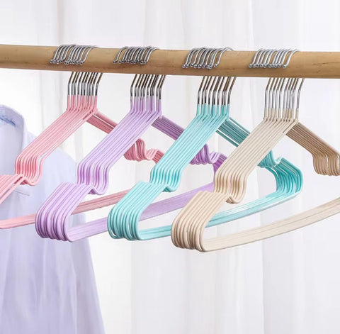 Strong Plastic Clothes Hangers Set (10 Pieces) Coated with Non-Slip Soft Rubber - Space Saving Slim Design with Attractive Multiple Colors - Perfect for Dresses, Shirts, Pants with Swivel Hooks