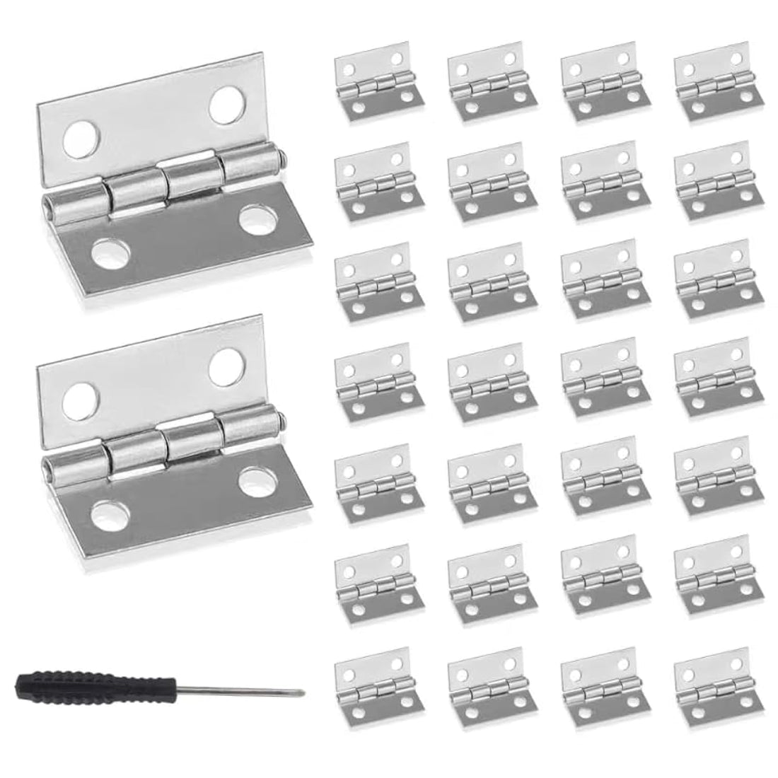 JAZZEEL Antique Mini Hinges, 30-Pack Silver (25x24mm) with 120 Screws & Screwdriver, Small Hinges for DIY Crafts, Wooden Toy Boxes, Dollhouses, and Little Cabinet Drawer Projects