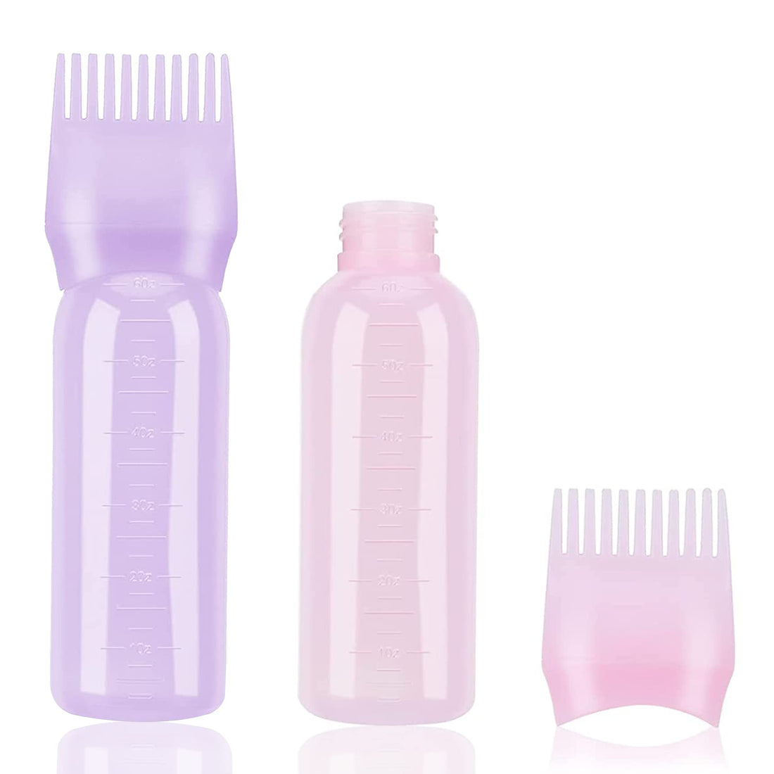 2pcs Hair Oil Applicator Bottle, 60ml, Hair Dye Brush Bottle, Root Comb Applicator Bottle, Pink+Purple, Suitable for Salon Dry Cleaning, Dyeing, and Perming, Plastic